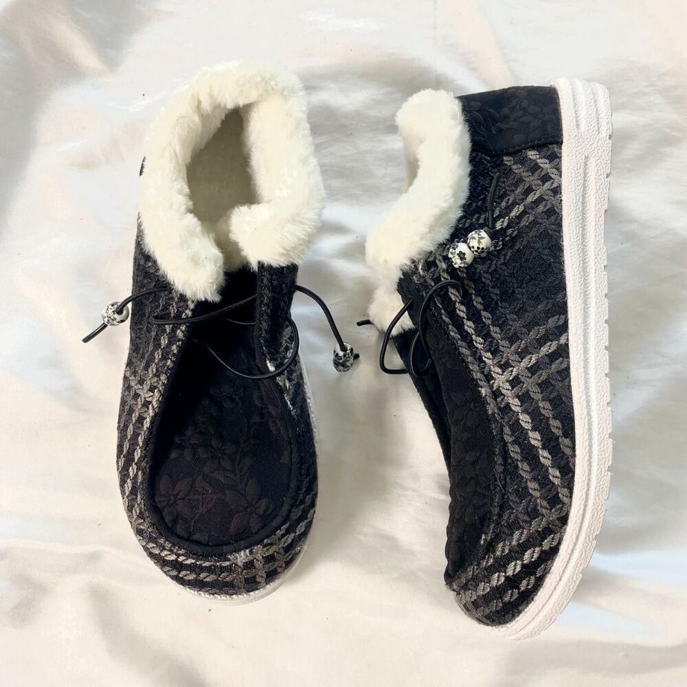NEW Gingham Pearl Tassel Faux Fur Lined Moccasin Winter Shoes US 8